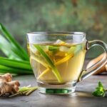 Herbal tea with lemongrass and ginger in glass cup reflected on white background